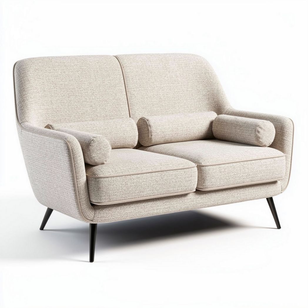 Divano a due posti in tessuto beige con cuscini cilindrici 150 x 80 x 70cm