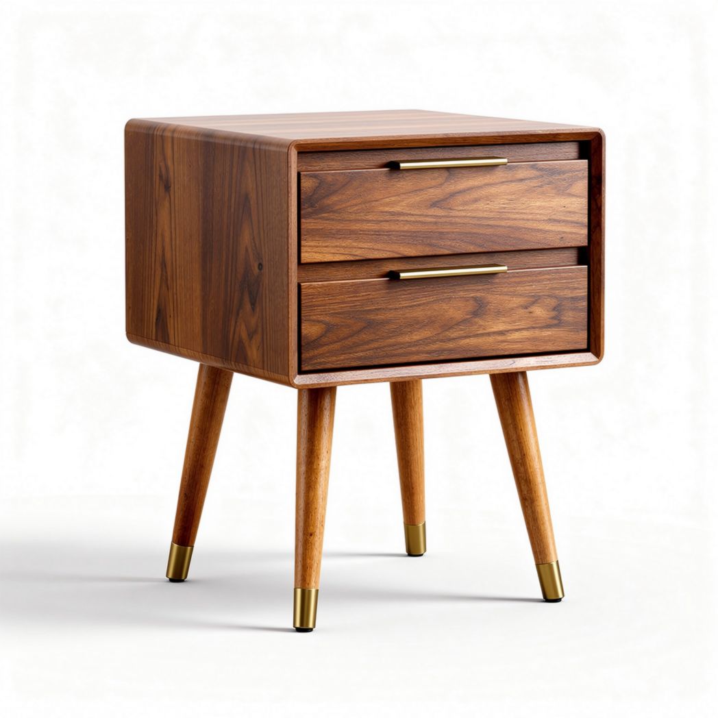 Comodino in legno di noce con due cassetti e gambe in legno naturale 40 x 40 x 50cm