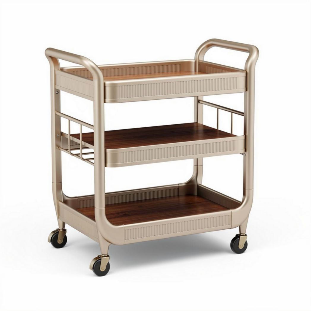 Carrello da servizio a tre ripiani in metallo dorato e legno 82 x 44 x 85cm