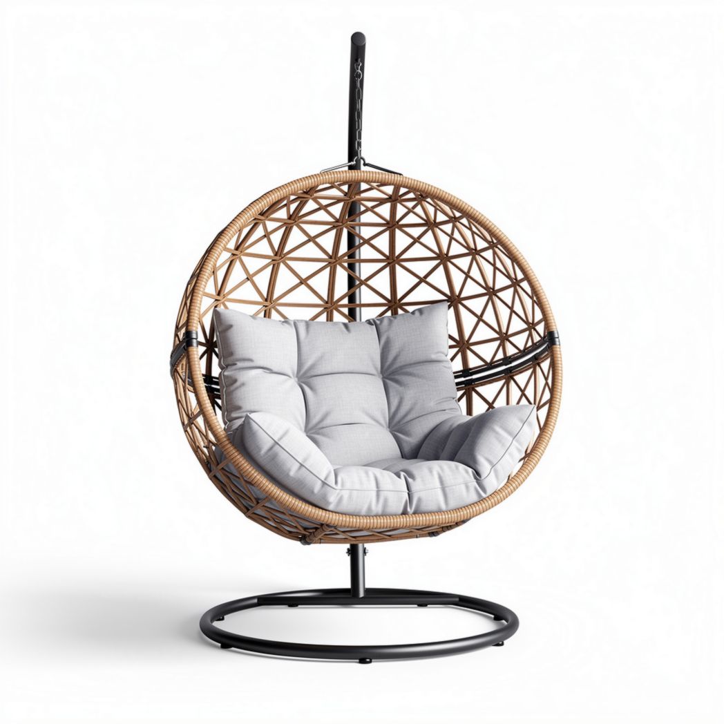 Sedia sospesa rotonda in rattan con cuscini grigi dimensioni 80 x 80 x 120cm
